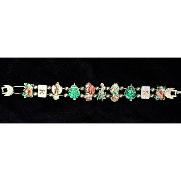 Vintage Christmas Enamel Charm Slide Bracelet Goldtone - Picture 1 of 6